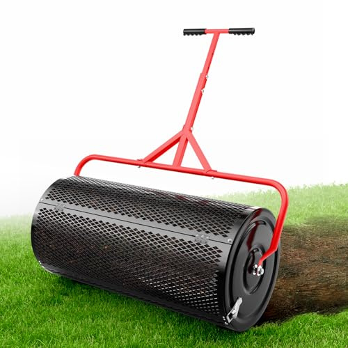 Sturdon Compost Peat Moss Spreader for Lawn, 30 Inch Compost Roller Spreader with Adjustable T-Shaped Handle, Upgraded Side Clasps, Durable Lightweight Metal Roller, Lawn Garden Yard Care