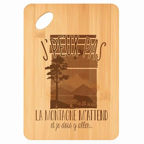 Planche à Découper Montagne m'Attends j'Peux Pas - Plateau Apéro en Bambou Cadeau Gravé pour Homme Femme Cuisine Barbecue