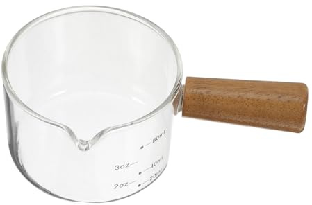 Artibetter Mini Jarra de Leche de Vidrio con Mango de Madera Jarra para Espumar Leche con Vertedor de Acero Inoxidable para Espresso y Uso el Hogar