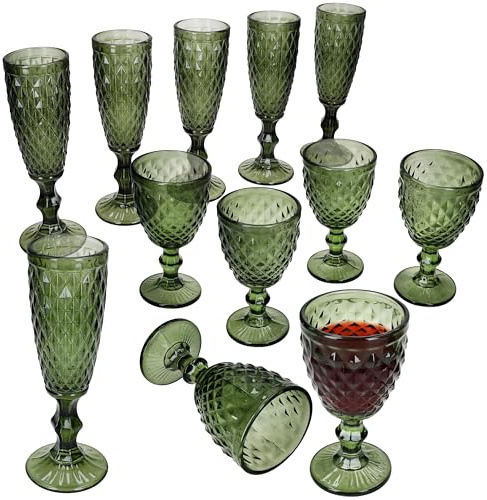 MamboCat Diamond 12-TLG. Gläser-Set I 6X Weinglas & 6X Sektglas I Grünes Glas mit Facettenschliff-Optik I Trinkgläser-Set für Wein, Prosecco & Sekt I für Partys, Weihnachten & Co.