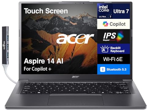 Acer Aspire 14 AI Copilot+ Écran tactile IPS WUXGA pour ordinateur portable (Intel 8-core Ultra 7-258V (>Ultra 9 185H), 32 Go LPDDR5X, 1 To SSD, Intel Arc 140 V, rétroéclairé, 2 Thunderbolt 4, Win 11