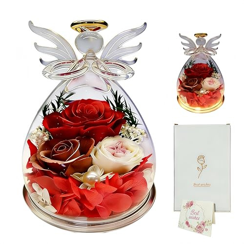 TABKSOLA Ewige Rose im Engel Figur Geschenke für Mama Frauen Oma Geburtstagsgeschenk Originelle Deko Dauerhafte Konservierte Blume Kuppel Geschenkbox (rot mit Licht)