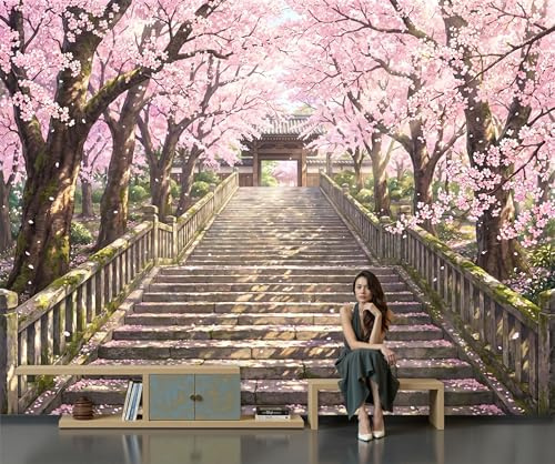 Carta Da Parati Fotografica Alberi Di Ciliegio In Fiore Scalini In Pietra Porte In Legno, Fotomurali Seta, Decorazione Poster Arte Murale Stile Anime Giapponese per Camera Da Letto Soggiorno 200x140cm