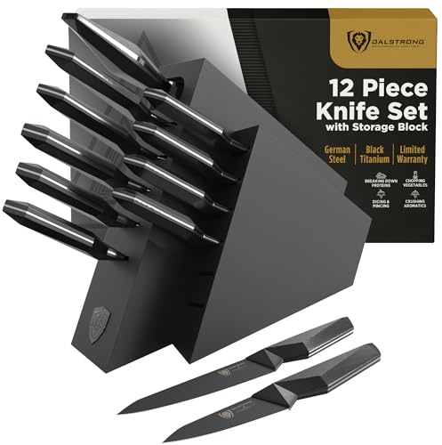 DALSTRONG Knife Block Set - 12-Piece - Shadow Black Series - Black Titanium Nitride Coated - High Carbon - 7CR17MOV-X Vacuum Treated Steel - Premium Kitchen Knife Set - NSF Certified