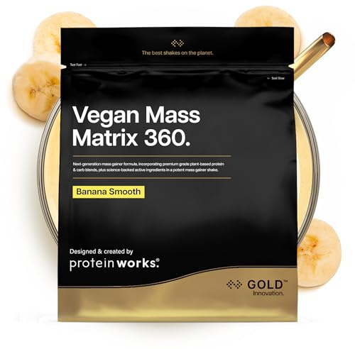 Protein Works | Vegan Mass Matrix 360 - Gold, Banana Smooth, 2kg | Veganer Mass Gainer, Gewichtszunahme-Supplement, Tri-Protein-Mix, Aminosäuren, Post-Workout Proteinshake, 10 Portionen