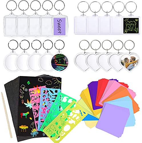 YuChiSX 135 Stück Acryl Foto Schlüsselanhänger mit Schlüsselring, Leer Schlüsselring Bilderrahmen Klar Spalten, Kratzbilder Schlüsselanhänger-Bastelset für Kinder zum Basteln und Personalisieren