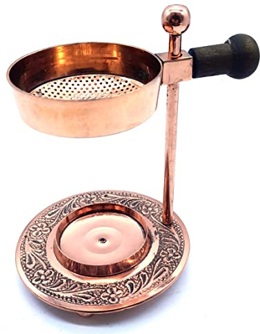 CRIGEMA - Brûleur d'encens en laiton doré - Manche en bois et plaque perforée - Réglable en hauteur - Idéal pour les résines - Bougie chauffe-plat en cadeau (cuivre)