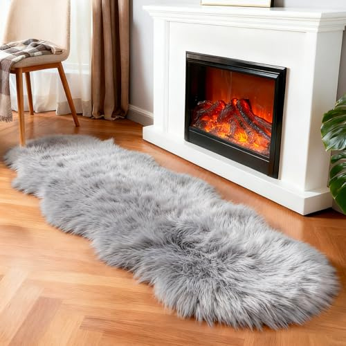 linmopm Faux Fur Sheepskin Rug, Grey, 2x6 ft