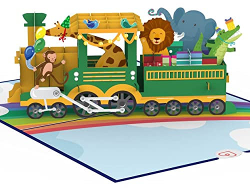 papercrush® Pop Up Karte Eisenbahn mit Tieren – Lustige 3D Geburtstagskarte mit Tiermotiv und Lokomotive für Kinder (Mädchen & Jungen), Glückwunschkarte zum Kindergeburtstag, Gutschein für Zoobesuch