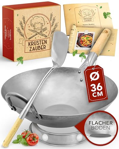 KRUSTENZAUBER 36cm Wokpfanne Induktion Mit Flachem Boden - Traditionelle Stahlpfanne Mit Wender und Ring - Induktionsgeeignet, Woklette, Zubehör, Carbon Steel Karbonstahl