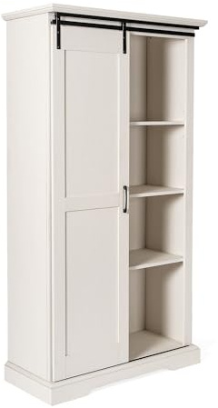 Flash Furniture Harrison Rustic Farmhouse Storage Cabinet Bookcase with Sliding Barn Door and Adjustable Shelves, Set of 1, White