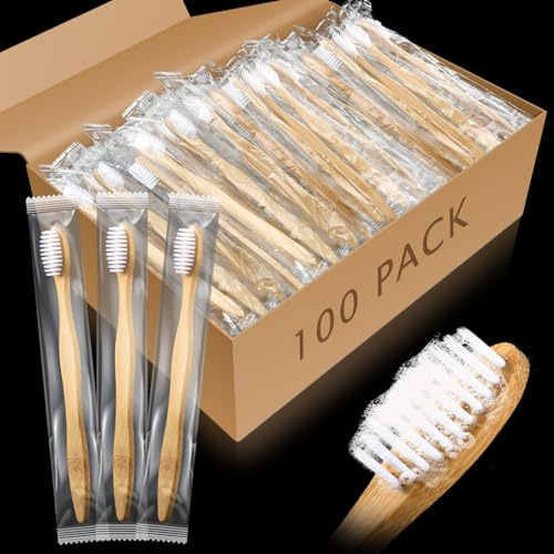 Sliner 100 Packs Prepasted Disposable Toothbrush Bamboo Prepasted Individually Wrapped Pre Pasted Toothbrush with Bamboo Handles Homeless Gift Set for The Homeless (Classic Color)