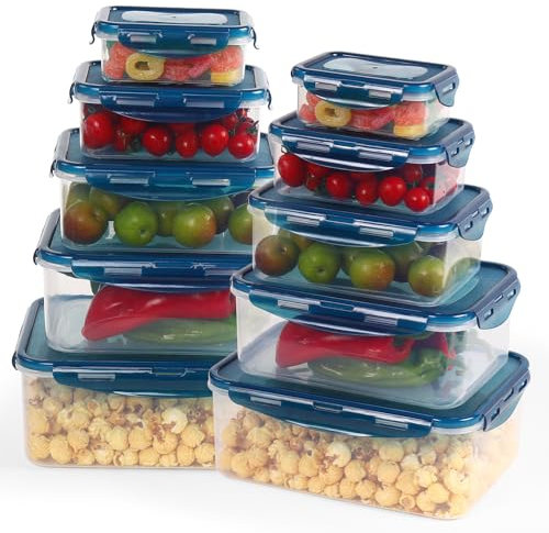 Rainberg Plastic Food Storage Containers - 20 Pieces (10 containers & 10 Lids) Food Containers, Air Tight Lids, Freezer, Microwave & Dishwasher Safe. (Blue)