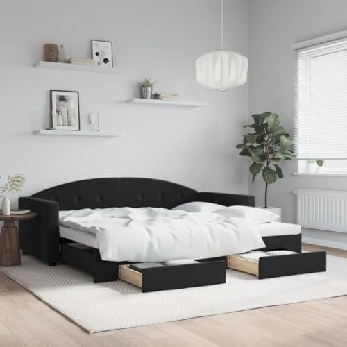 Festnight Tagesbett mit Schubladen Ausziehsofa Ausziehbett Schlafsofa Polsterbett 90x200 cm, Tagesbett Schlafcouch Gästebett Ausziehbar, Schwarz