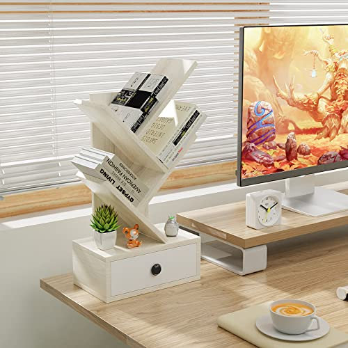 COSTWAY Bücherregal Baumform, Holzregal mit Schublade, Bücherregal auf dem Tisch und Boden, CD- und DVD-Regal, kleines Regal für Arbeitszimmer und Büro 30 x 17,5 x 60 cm (3 stöckig, Beige)