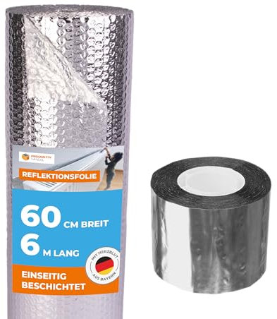 Reflektionsfolie Heizkörper - 6 m x 60 cm Isolierfolie - einseitig beschichtet mit 1 Rolle Aluminium Klebeband - Thermofolie Winterschutz Alu Dämmfolie