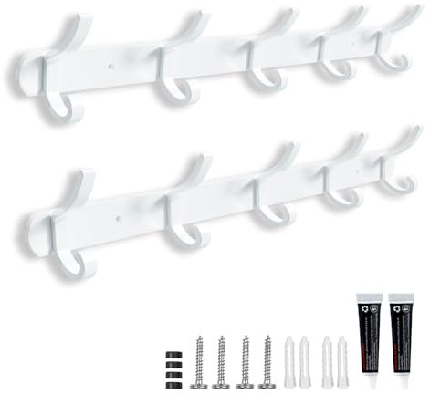 Galerie SV Kleiderhaken Wand, 2 Stück Garderobenhaken Schwarz mit 5 Haken,Garderobenleiste Metall, Jackenhalter, Garderobe Kleiderhaken Wand für Schlafzimmer Bad Küche,43cm (Weiß)