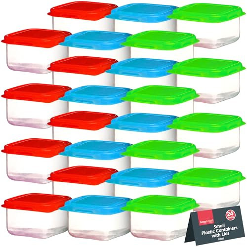 SOL 24 Pack of Small Plastic Containers with Lids - 6cm x 6cm x 3.5cm - Mini Kitchen Storage Small Tub with Lids - 80ml - Stackable & Airtight Storage for Lunch Boxes, Food, Snacks and More