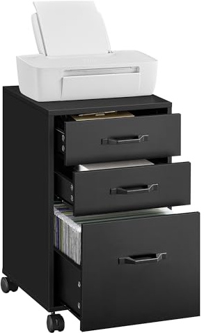VASAGLE Custos Collection - Caisson de Bureau, Meuble de Bureau à 3 Tiroirs, Casier sur roulettes, pour Documents Format A4, Tringle Réglable, Noir d'encre OFC065BC01