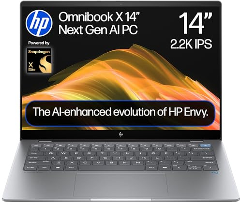 HP OmniBook X 14'' AI PC | Qualcomm Snapdragon® X Elite | 45 TOPS AI dedicated NPU | 16GB RAM | 1TB SSD | 2.2K IPS Touchscreen | Up to 26hrs battery | Win 11 | Poly Studio | 14-fe0000sa