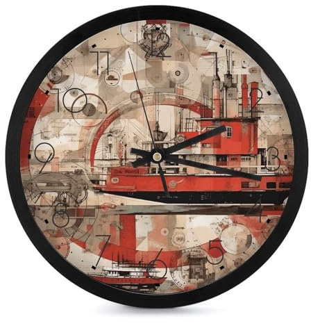 JEKYQ Orologio da parete silenzioso da 25,4 cm, senza ticchettio, orologio analogico con immagine di nave rossa, orologi da parete per bagno, orologio rotondo, decorazione da parete per casa, cucina