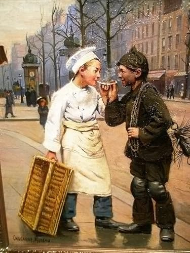 XSBPDPII Klassisches Ölgemälde Wand-Kunst Bild Leinwandk unstwerk Pariser Straßenszene Mit Einem Bäckerjungen Und Einem Kleinen Schornsteinfeger Von Paul Charles Chocarne-moreau für Wohnkultur 60x90cm