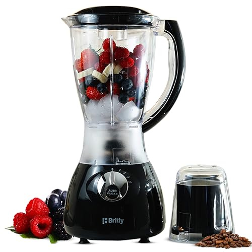 Britly Electric Blender and Smoothie Maker | 500W Jug Blender with Stainless Steel Blades | 4 Speed Settings Plus Pulse Function | 1.5L BPA-Free Plastic Jar | Coffee/Spice Grinder Jar – Black