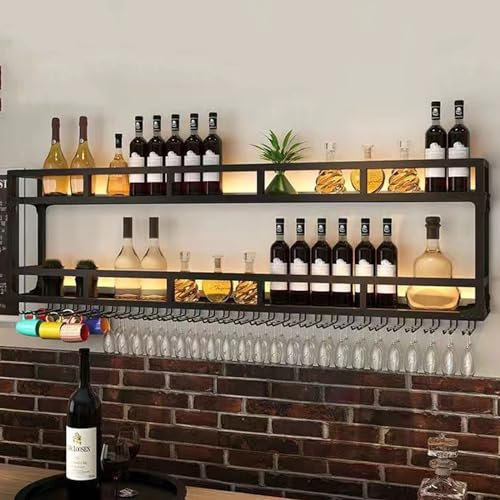 Estantes flotantes de metal con luz LED montados en la pared para botellas de licor y copas de vino, estante de exhibición multifuncional para el hogar, restaurante, bares, color negro (120 x 25 x 55