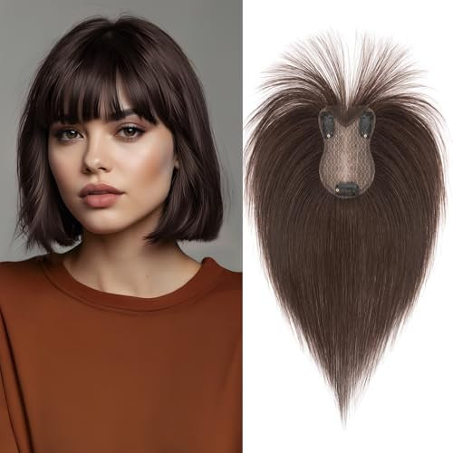 Benehair Toupet Capelli Donna Veri con Clip 8x11cm Frangia Clip Capelli Veri Umani Extension Clip Capelli Naturali con Frangia, Marrone Scuro