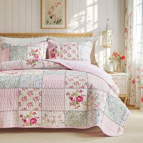 Joyreap Baumwoll-Bettwäsche-Set, Blumenmuster, Patchwork-Design für den Frühling, 3-teiliges Queen-Size-Bettwäsche-Set, weiche und gemütliche Tagesdecke, Bettbezug für alle Jahreszeiten, 228,6 x 228,6