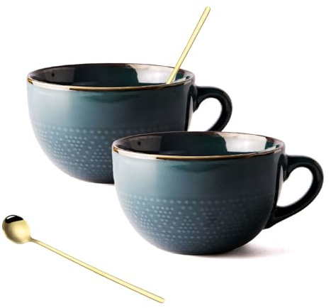 hengshukeji 700 ml große Kaffeetasse, Keramik-Kaffeetasse 2 Set, Teetassen für Büro und Zuhause, Geburtstagsgeschenk, spülmaschinen- und mikrowellenfest (Dunkelgrün 2 Set)