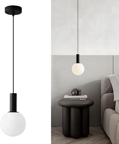 HJXDtech Suspension Luminaire Moderne avec Globe Verre Blanc – LED E14 12W Dimmable, Hauteur Réglable Lampe Suspendu de Plafond pour Chambre, Salon, Salle à Manger (Noir)