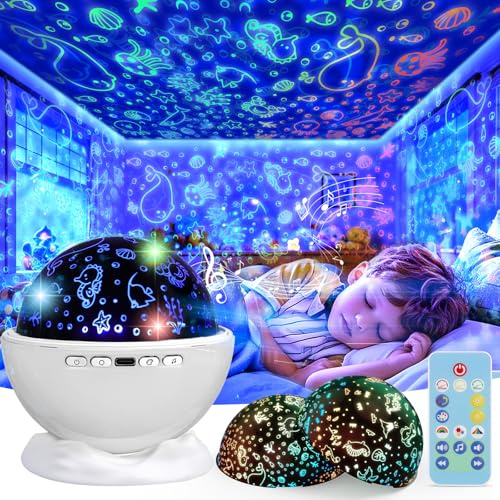 Night Light Projector,Night Light for Kids Room with Remote and Timer,360° Rotation,3 Projection Films,18 Light Modes,8 Lullaby Songs,Kids Night Lamp, Christmas Birthday Gifts for Boys Girls (White)