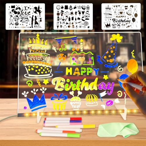 Tableau à message lumineux pour enfant - Tableau mémo LED avec stylo 7 couleurs avec 2 types de supports, 3 modèles de coloriage creux - Tableau à dessin lumineux à LED - Tableau effaçable à