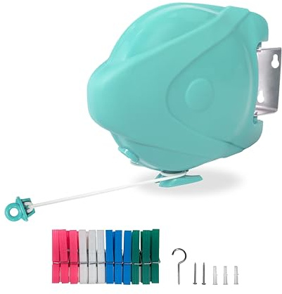 Retractable Heavy-Duty 15m Washing Line Clothes Dryer Rack - Indoor/Outdoor Expandable Laundry Drying Solution with Rust-Resistant Cord, Wall-Mounted Space-Saving Airer for Garments (Blue)