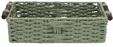 KKPLZZ Cesta de Almacenamiento Decorativo Tejido, Canasta de Papel Higiénico de Cuerda de Papel con Asas de Madera, para Baño, Sala de Estar, Cocina, Oficina (Verde)