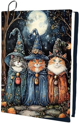 CRASPIRE Funda Elástica para Libros de Gatos de 157 x 98 Pulgada para Cuadernos de hasta 9 x 11 Pulgadas con Diseño de Brujas Y Gatos para Libros de Texto de Tapa Dura Y Rústica