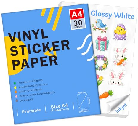 Ruibytree Vinyl Stickerpapier Glossy A4 für Tintenstrahldrucker, 30 Blätter | Bedruckbare glänzende Klebefolie, brillante Farben, glatte Oberfläche, Cricut-kompatibel, für DIY-Sticker & Etiketten