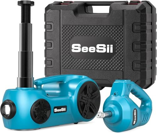 SEESII Kit de Gato Hidráulico Eléctrico para Coche 5 Toneladas (Alcance de Elevación 17.7 Pulgadas) - Gato 3en1 con Llave de Impacto e Inflador - Gato de Suelo para SUV/Camioneta/Camión/Sedán