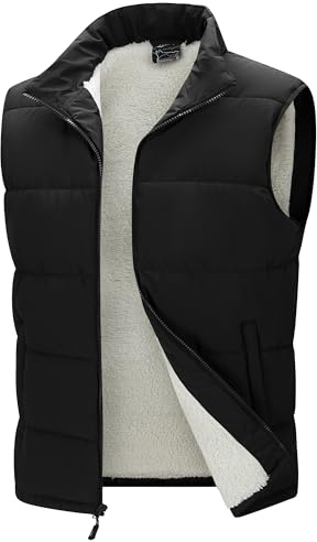 33,000ft Mens Puffer Vests Winter Fleece Lined Waistcoats Padded Outerwear Gilet Water Resistant Quilted Gilet Outdoor Work Vest Sleeveless Jacket with 5 Pockets Black M