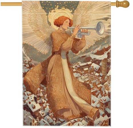 Bandera de casa de ángel, estrellas de trompeta de Navidad dorada de doble cara de arpillera exterior grande para patio al aire libre, entrada, campamento, 28 x 40 pulgadas