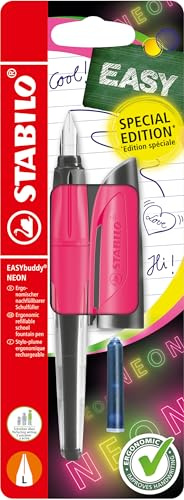 STABILO - stylo plume ergonomique - EASYbuddy NEON - plume L spéciale gaucher - Cartouche incluse - Rose fluo - Blister