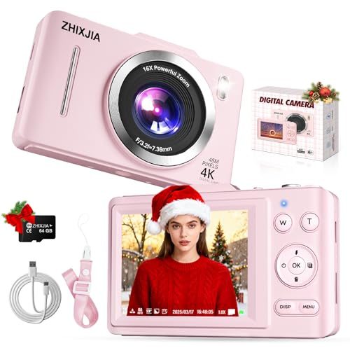 Digital Camera, Autofocus 4K Vlogging Camera for Photography with 64GB Card, Full HD 4K Point and Shoot Camera Portable Compact and Shoot Digital Camera for 16X Zoom, Anti-Shake, for Beginners, Pink