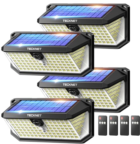 TECKNET Luz Solar Exterior, 546 LED, Iluminación de 300°, IP66 Impermeable | Foco Solar Exterior con Mando a Distancia, Focos Led Exterior Solares con Ganchos, para Jardines, Garajes, Patio