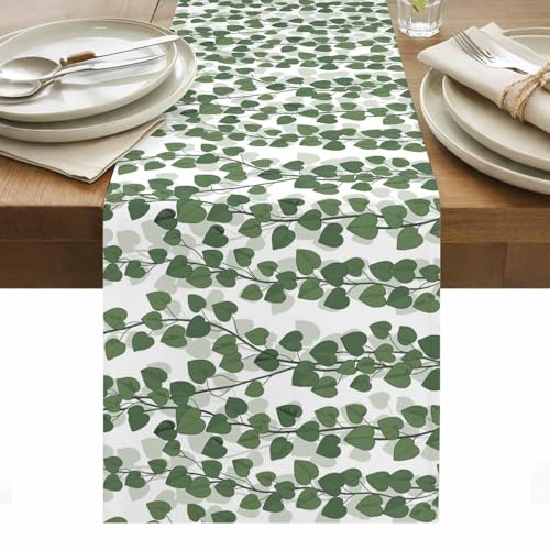 Spring Plants Ivy Table Runner 90 Inches Long Green Heartleaf Philodendron Linen Table Runner for Home Party Holiday Kitchen Dining Tables Decoration