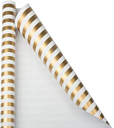 JAM Paper Gift Wrap - Striped Wrapping Paper - 25 Sq Ft (30 in x 10 Ft) - Gold & White Stripes - Roll Sold Individually