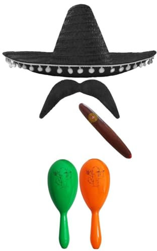 Mexikanisches Kostüm-Accessoire-Set, Mexikanischer Sombrero + Maracas + Fashe Perfekt für mexikanische Kostüme Senorita Bandit Mariachi (schwarzer Pompom-Sombrero + grüne und orangefarbene Maracas)