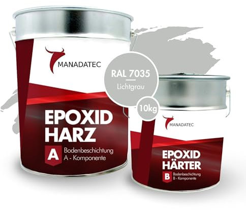 MANADATEC 2k Epoxidharz Bodenbeschichtung 10kg I RAL 7035 Lichtgrau I Lösemittelfrei, Umweltfreundlich & Geruchsneutral I Beschichtung für Garagen- & Kellerböden I Hohe Schlagfestigkeit