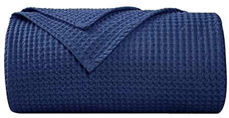PHF Coperta in 100% cotone a nido d'ape, 130x150 cm, morbida e leggera, per adulti e bambini, perfetta coperta per divano, divano, taglia singola/da viaggio, blu navy
