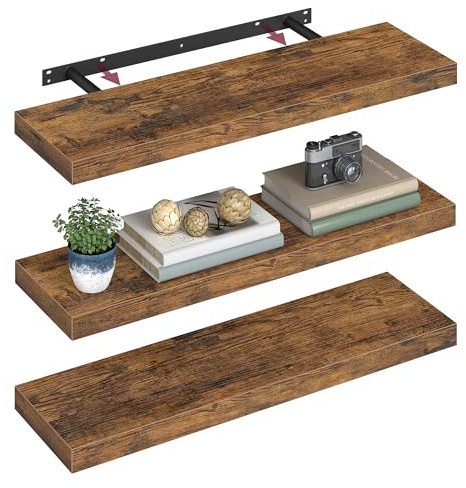 VASAGLE Estantes de Pared, Juego de 3, Estantes Flotantes, 20 x 80 x 3,8 cm, Baldas de Pared para Marcos de Fotos, Decoración, para Salón, Estudio, Cocina, Marrón Rústico LWS28BX-3